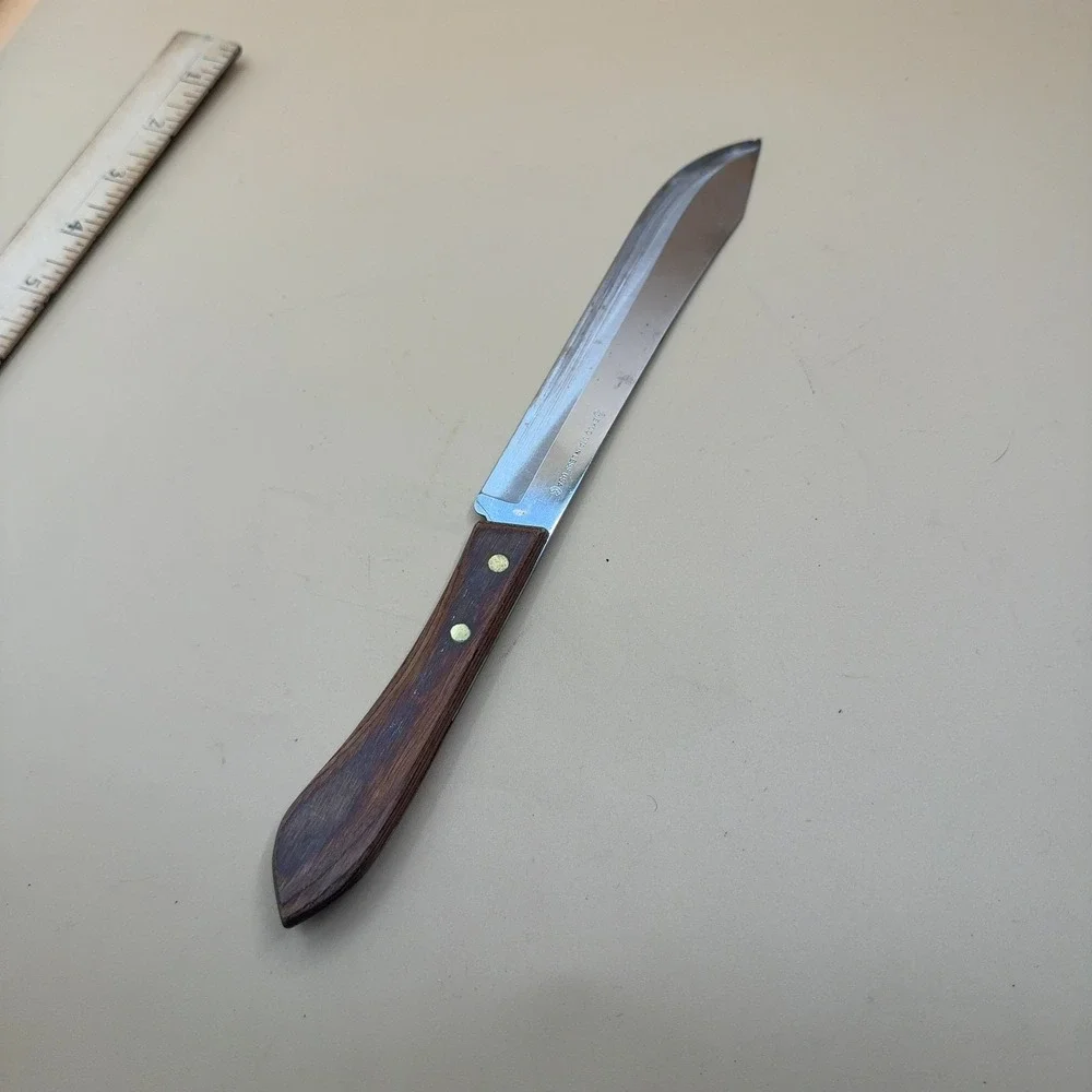 Ekco Stainless USA Butcher Knife Fixed Blade Wood Handle Brass Rivets Vintage